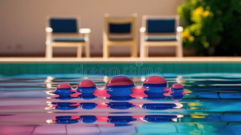 A group of three chairs sitting in a pool with water, AI stock image