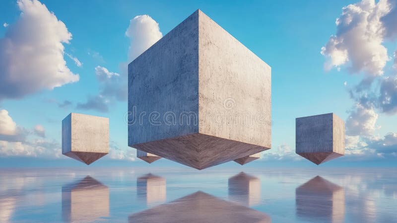 A group of three concrete cubes floating in the air, AI royalty free stock photography