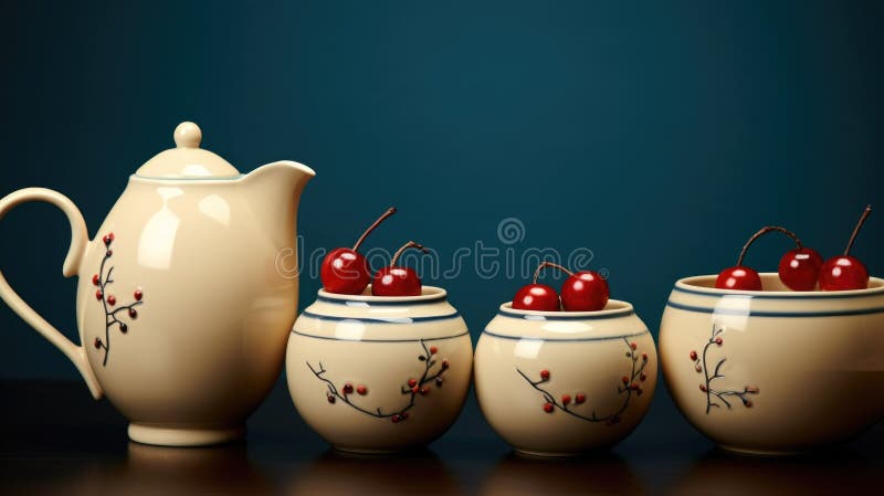 A group of three cups with cherries in them. AI. stock illustration
