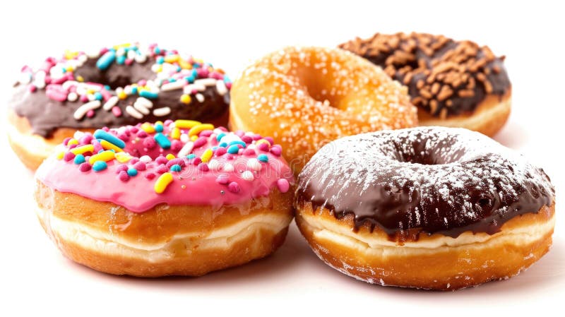 A group of three donuts with colorful sprinkles. Perfect for bakery or dessert concepts royalty free stock images