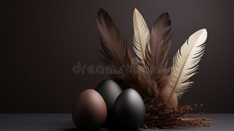 A group of three eggs and feathers on a table, AI vector illustration