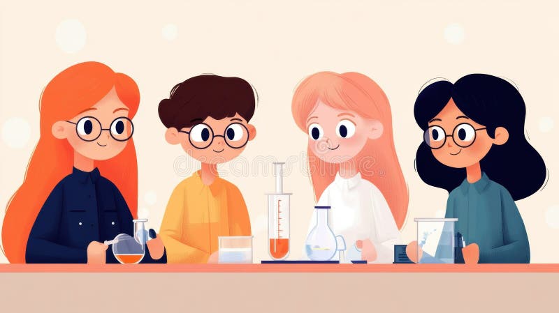 A group of three girls and a boy sitting at table, AI stock photo