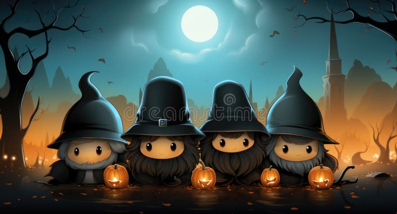 A group of three gnomes sitting next to each other. Generative AI image. stock photo