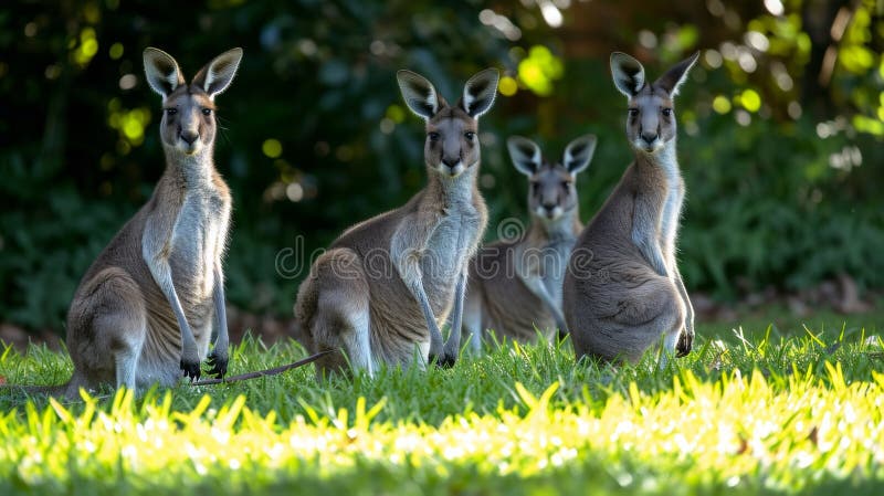 A group of three kangaroos sitting in the grass next to each other, AI stock photos