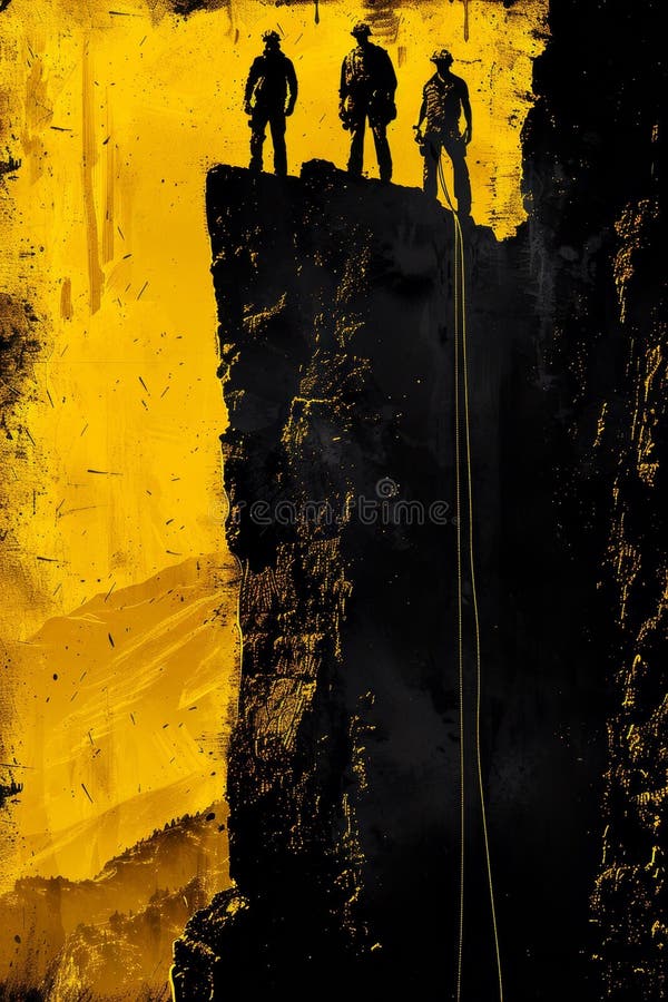 A group of three people standing on a cliff with ropes, AI stock image