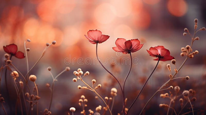 A group of three red flowers are in a field, AI vector illustration