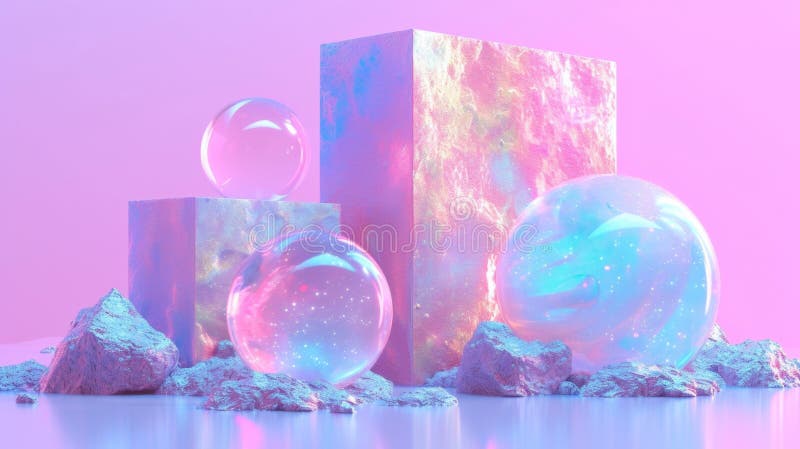 A group of three spheres and a cube on top of some rocks, AI stock photos