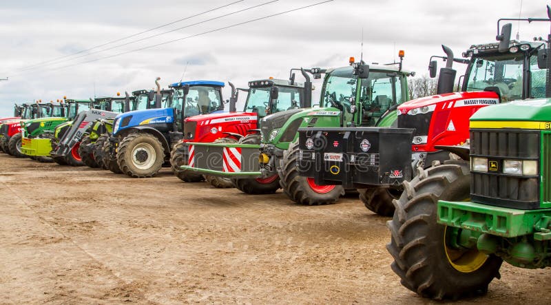 group-tractors-parked-up-line-row-all-di