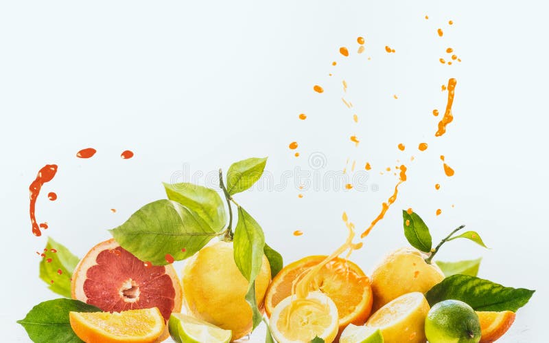 Group of various citrus fruits with juice splash at white background. Oranges, grapefruit, lime and lemon with green leaves. Slices, halves and quarters of fruits. Healthy food and drinks concept