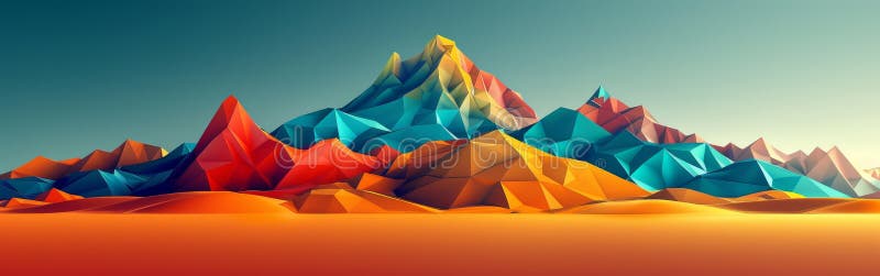 A group of vibrant, colorful mountains rise majestically against a backdrop of desert sand and triangular patterns royalty free stock photography
