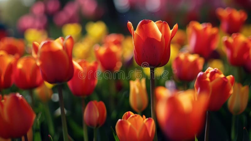 Vibrant red and yellow tulips blooming together in a picturesque meadow under the sun AI generated. Vibrant red and yellow tulips blooming together in a picturesque meadow under the sun AI generated
