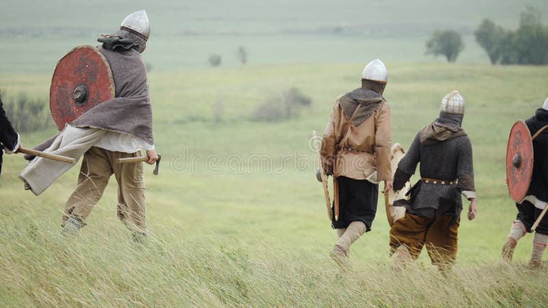 Group of Viking with shields walking forward on the meadow