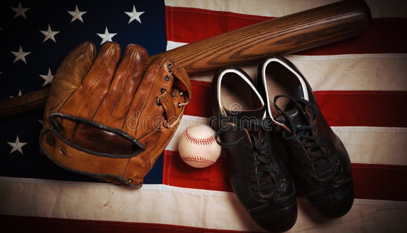 Vintage baseball gear on a American flag background royalty free stock image Vintage baseball gear on a American flag background royalty free stock image