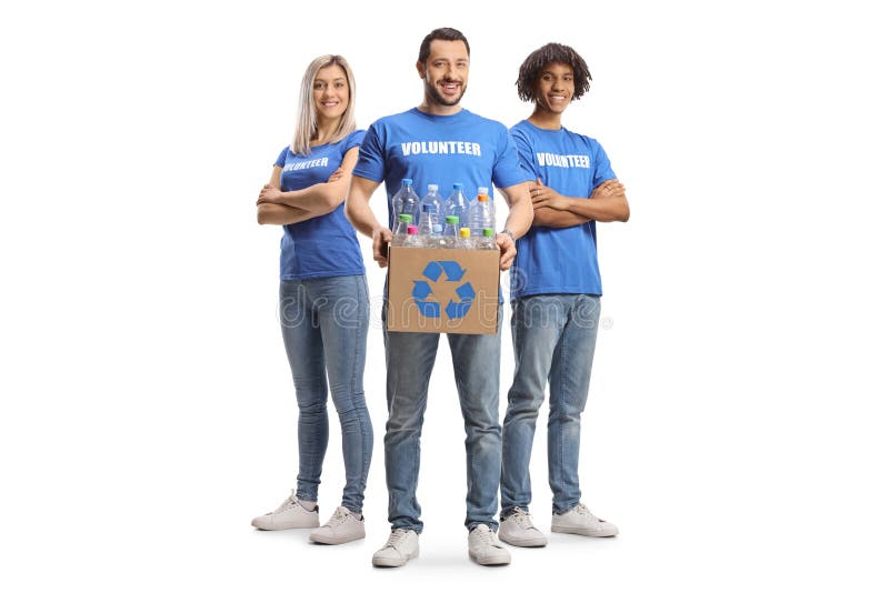 Group of Volunteers with a Box of Plastic Bottles for Recycling Stock