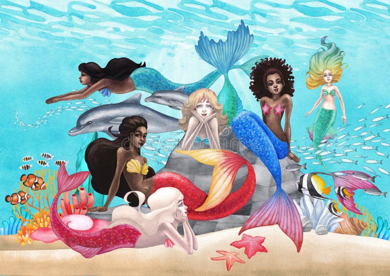 The Group of Watercolor Mermaids with the Diverse Appearance Stock ...