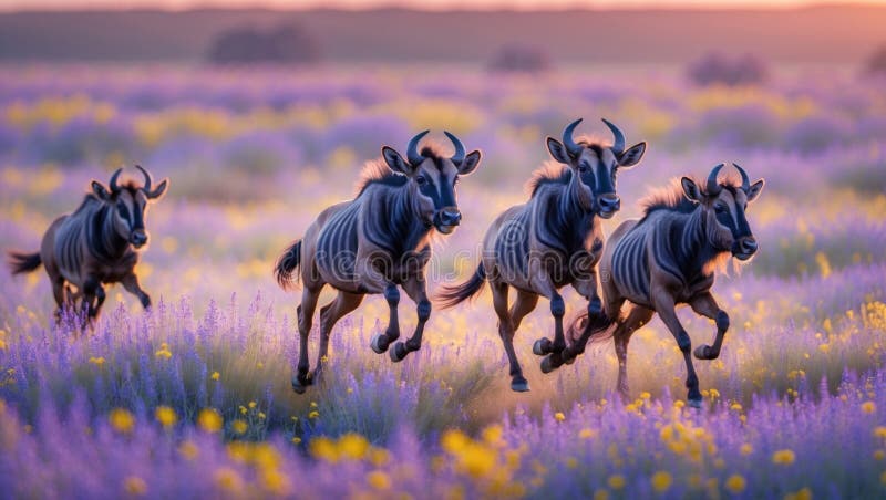 Herd of Blue Wildebeest Running Through Purple Flowers at Sunset royalty free illustration