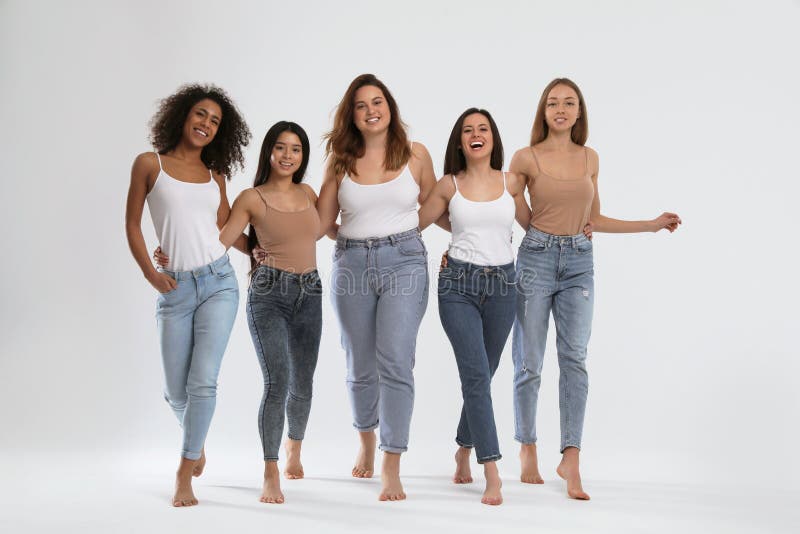 Group of women with different body types on background