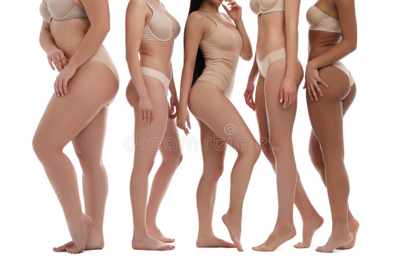 Group of women with different body types in underwear on background, closeup