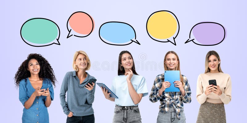 Group of women holding devices with empty speech bubbles above t royalty free illustration