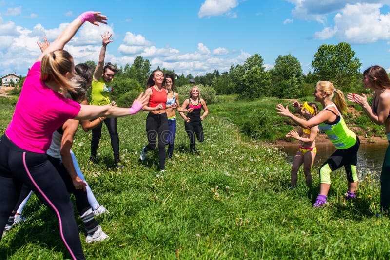 Group of Women Running Outdoors Having Fun in Nature Stock Photo Image of female, competitor