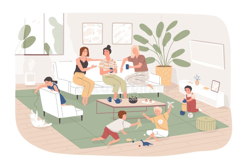 Group of women sit in cozy room, drink tea and talk to each other while their children play. Young moms spending time together at home. Friendly meeting. Flat cartoon colorful vector illustration