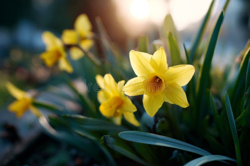 A group of yellow daffodils in a field of green grass royalty free stock images