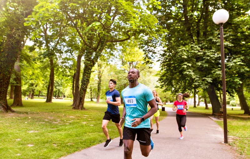Group of young athletes running in green sunny park. royalty free stock photos Group of young athletes running in green sunny park. royalty free stock photos