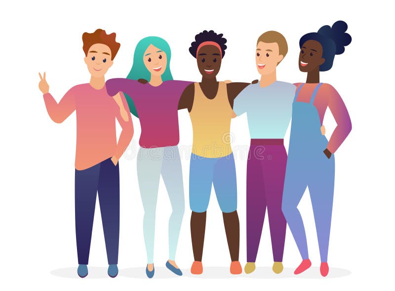 Group of young five happy posing, hugging and talking friends. People together. Friendship. Trendy gradient color vector vector illustration