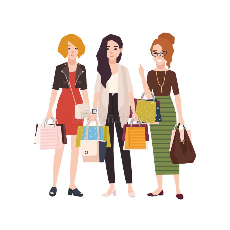Group of young happy woman holding shopping bags. Girls or female friends with their purchases, shopaholics. Flat stock illustration Group of young happy woman holding shopping bags. Girls or female friends with their purchases, shopaholics. Flat stock illustration
