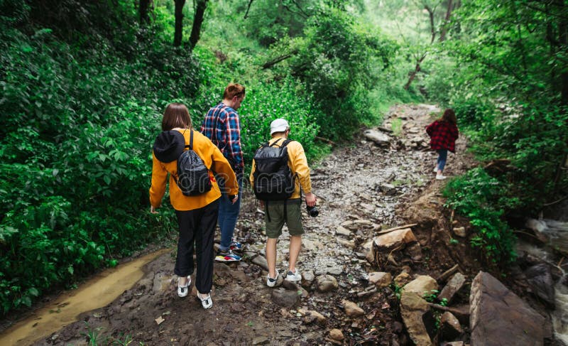 Group of young hikers walking along a forest path in the mountains near a stream. Friends in casual clothes on a hike go through. The woods by the river