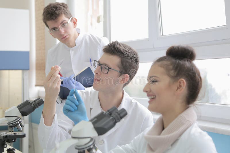 Group of young Laboratory scientists working at lab with test tu. Bes and microscope, test or research in clinical laboratory.Science, chemistry, biology royalty free stock image Group of young Laboratory scientists working at lab with test tu. Bes and microscope, test or research in clinical laboratory.Science, chemistry, biology royalty free stock image