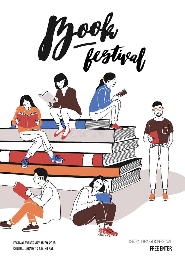Group of young people dressed in trendy clothing sitting on pile of giant books or beside it and reading. Colored vector