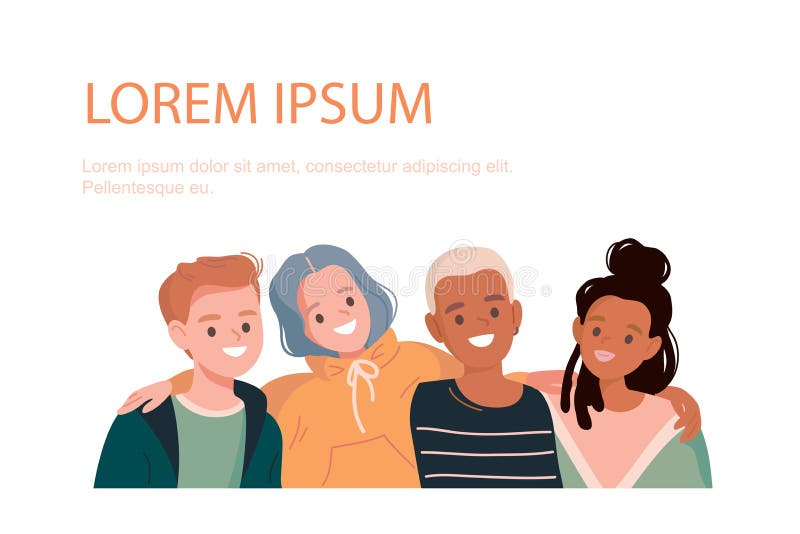 Group of young people hugging. Multicultural students vector illustration