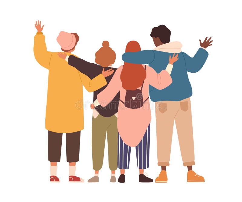 Group of young people hugging and waving hands. Students or team standing together. Friends support and unity concept. Flat vector cartoon isolated illustration on white background.