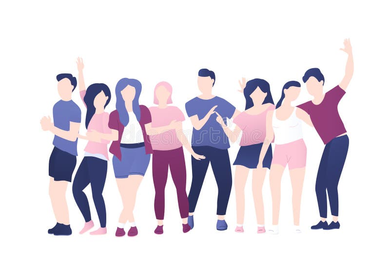 Group of young people standing together. Boys and girl or students, friends. Happy people on white isolated background. Flat vector illustration