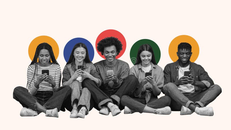 Group of Young People Using Mobile Phones in a Collage Setting With Colorful Backgrounds royalty free stock photo