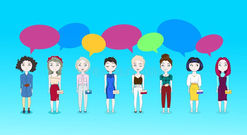 Group Of Young Woman Cute Girls Over Colorful Chat Bubble Background royalty free illustration Group Of Young Woman Cute Girls Over Colorful Chat Bubble Background royalty free illustration