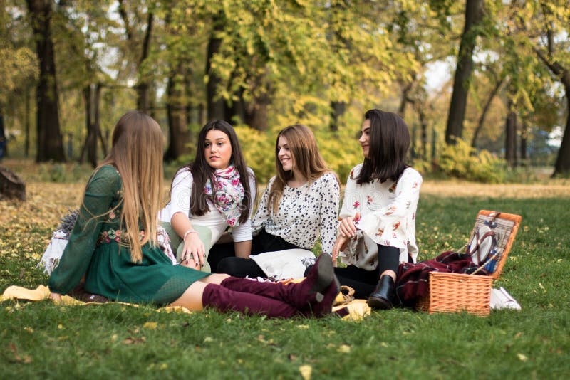 Group of Young Women Having a Fun Picnic in the Park Stock Photo ...