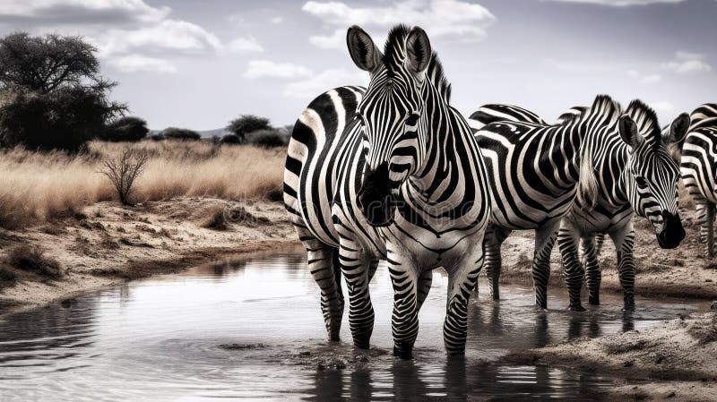 A group of zebras standing next to a body of water AI generated. A group of zebras standing next to a body of water AI generated