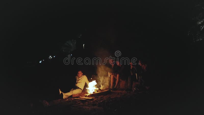 Groupe d'amis s'amusant près du feu de camp sur la plage, à proximité de la mer au full hd de nuit banque de vidéos