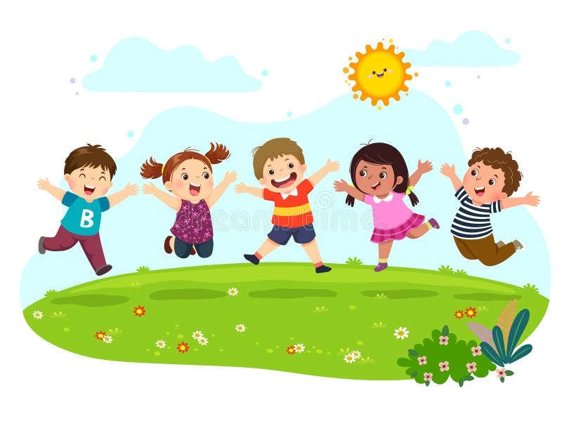 Groupe d'enfants heureux sautant sur le pré d'été