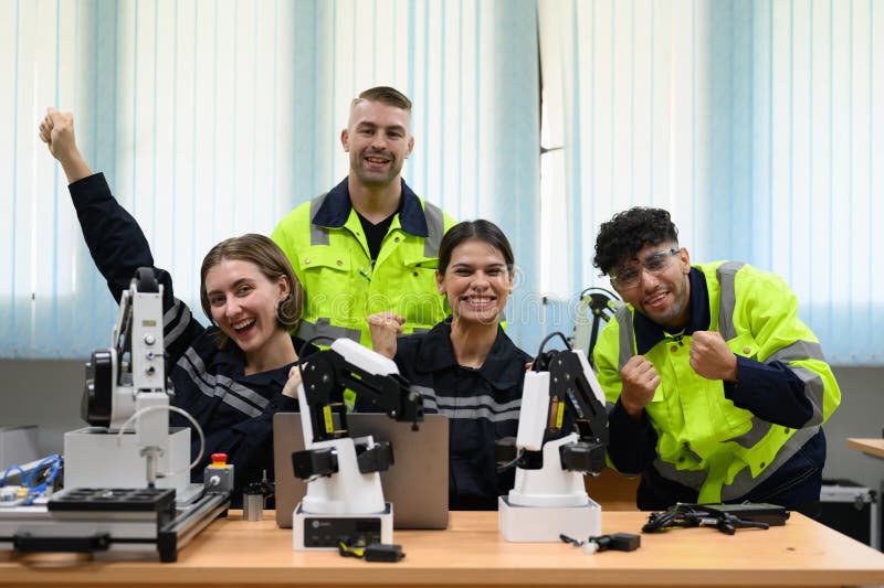 Groupe d'ingénieurs en maintenance heureuse travaillant ensemble photographie stock libre de droits