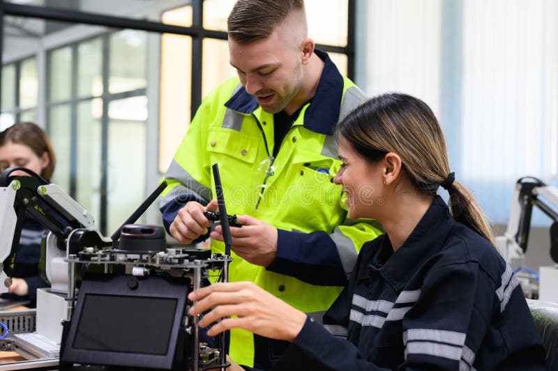Groupe d'ingénieurs en maintenance heureuse travaillant ensemble photo stock