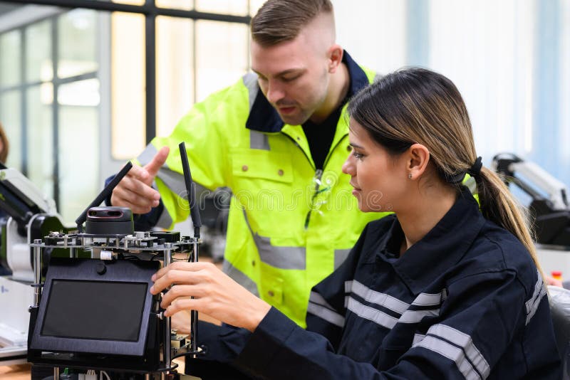 Groupe d'ingénieurs en maintenance heureuse travaillant ensemble photo libre de droits