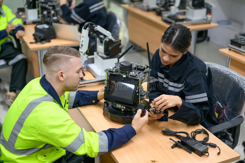 Groupe d'ingénieurs en maintenance heureuse travaillant ensemble photographie stock libre de droits