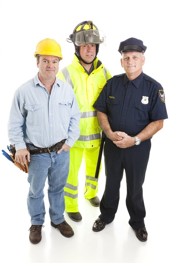 Group of blue collar workers - construction worker, fireman, and police officer. Full body isolated on white. Group of blue collar workers - construction worker, fireman, and police officer. Full body isolated on white.