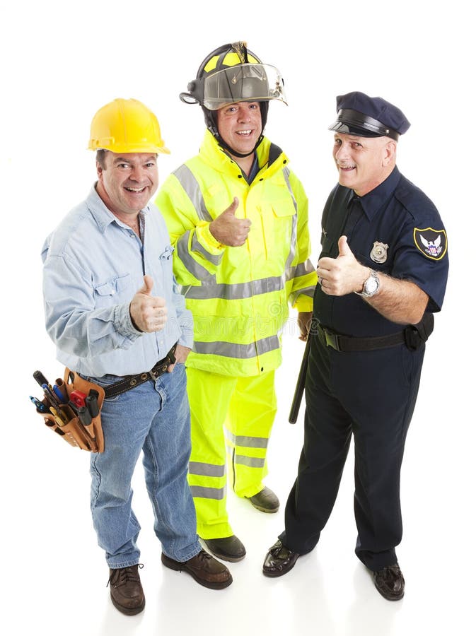 Group of blue collar workers - construction worker, fireman, police officer - giving thumbsup sign. Full body isolated. Group of blue collar workers - construction worker, fireman, police officer - giving thumbsup sign. Full body isolated.