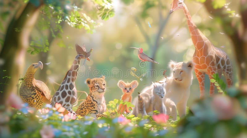 group of baby giraffes in the forest with sun and bokeh. group of baby giraffes in the forest with sun and bokeh