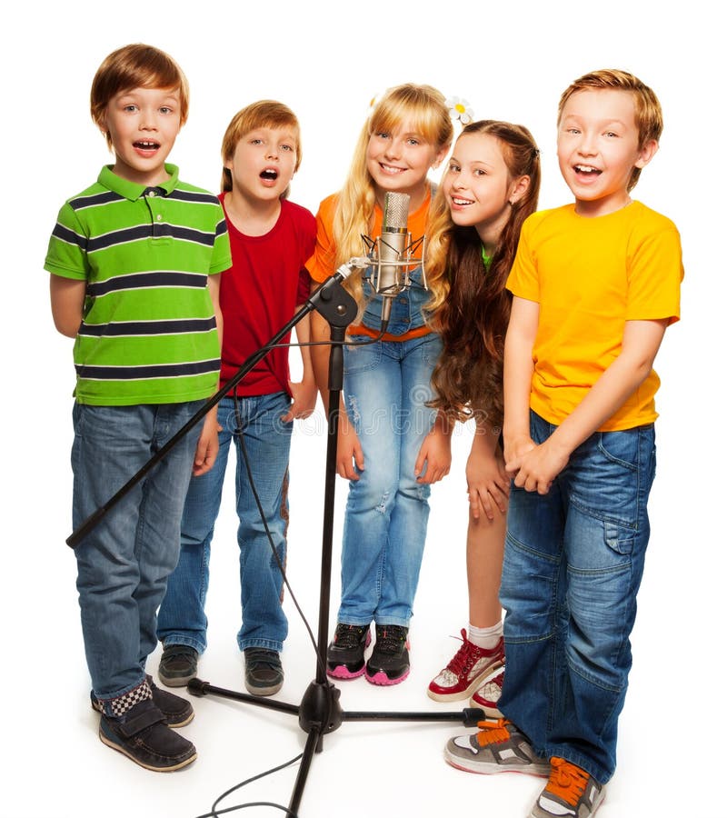 Group of kids singing to microphone standing together, isolate on white. Group of kids singing to microphone standing together, isolate on white