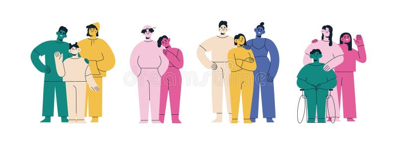 Abstract people groups set. Diverse colorful teams, different characters. Happy families with kid, couples, friends standing together, portraits. Flat vector illustration isolated on white background. Abstract people groups set. Diverse colorful teams, different characters. Happy families with kid, couples, friends standing together, portraits. Flat vector illustration isolated on white background.